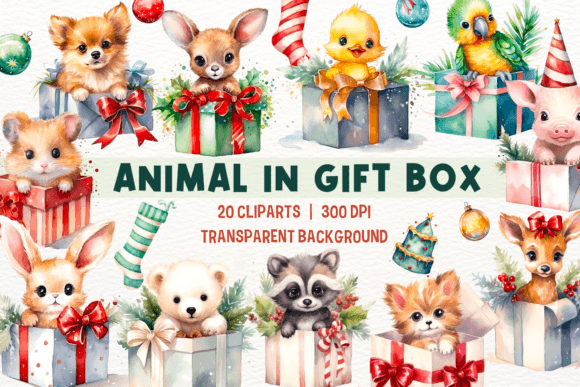 Animal in Christmas Gift Box Clipart: Festive Design Assets