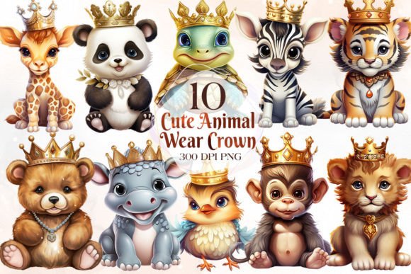 Baby Animal Wearing Crown Clipart: Royalty for Your Designs