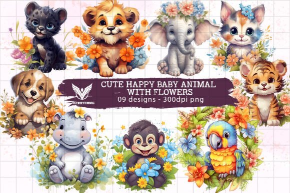 Bringing Joy to Design with Cute Happy Baby Animal with Flowers
